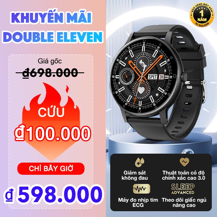 Khuyến mãi Double Eleven-Bảo hành một năm-Đồng hồ thông minh mặt tròn-Đo lượng đường trong máu, nhịp tim, chất lượng giấc ngủ và sức khỏe tổng quát khác-Có thể cài sang tiếng Việt, có hướng dẫn sử dụng